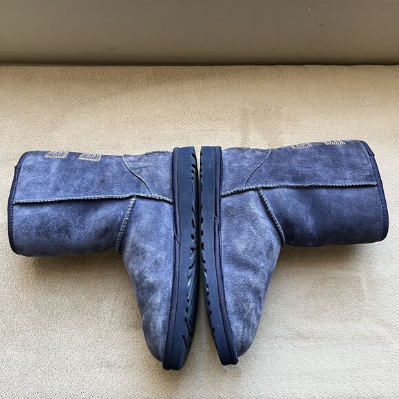 UGG Classic Short Swarovski Crystal Bow Boot Blue Suede Women 6 Sheepskin Cozy - Picture 6 of 16